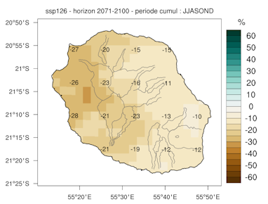 Evolution des précipitations hivernales sur La Réunion - scénario ssp126. © Météo-France