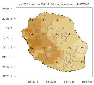 Evolution des précipitations hivernales sur La Réunion - scénario ssp585. © Météo-France