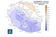 Rapport à la normale de rayonnement global journalier à la Réunion - Mars 2022