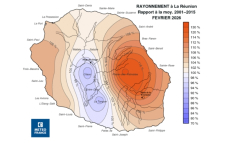Rapport à la normale de rayonnement global journalier à La Réunion - février 2026