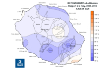 Rapport à la normale de rayonnement global journalier à la Réunion - Juillet 2026