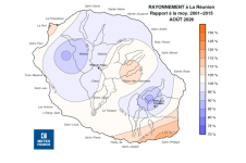 Rapport à la normale de rayonnement global journalier à la Réunion - Août 2026