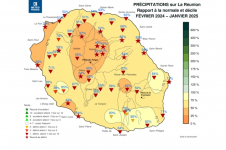 Rapport à la normale - précipitations Réunion - février 2024 à janvier 2025
