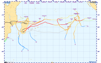 Trajectoires des systèmes cycloniques de la saison 2021-2022 dans le sud-ouest de l'océan Indien