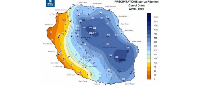 Cumul de pluie du 1er au 3 avril 2022 sur la Réunion