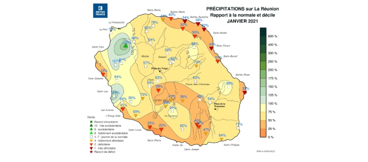 Rapports aux normales de Précipitations - La Réunion - Janvier 2021