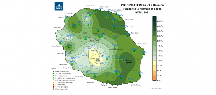 Rapports aux normales de Précipitations - La Réunion - Avril 2021