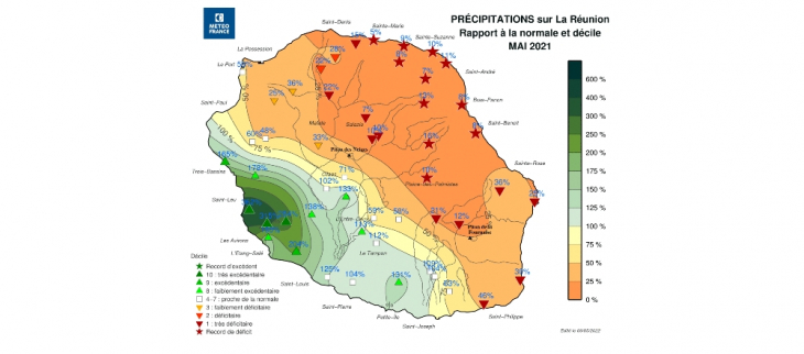 Rapports aux normales de Précipitations - La Réunion - Mai 2021