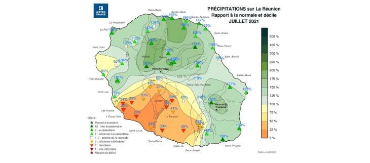 Rapports aux normales de Précipitations - La Réunion - Juillet 2021