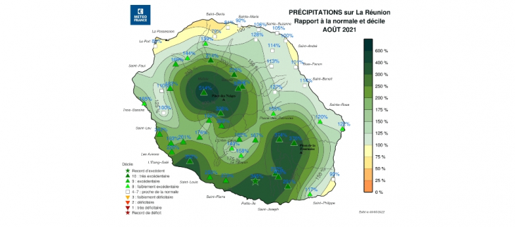 Rapports aux normales de Précipitations - La Réunion - Août 2021