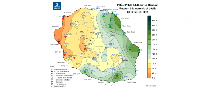 Rapports aux normales de Précipitations - La Réunion - Décembre 2021