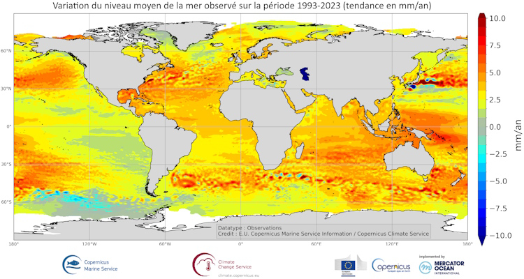 Evolution moyen du niveau de la mer entre janvier 1993 et août 2021. © Copernicus Marine Service