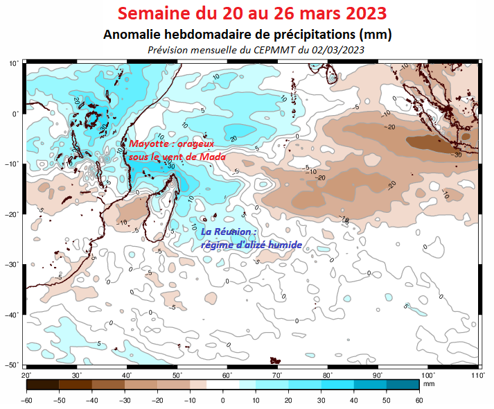 Anomalie hebdomadaire de précipitations (en mm)