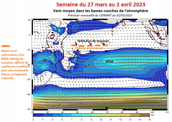 Carte des vents moyens vers 1500m d'altitude semaine du 26 mars au 2 avril 2023