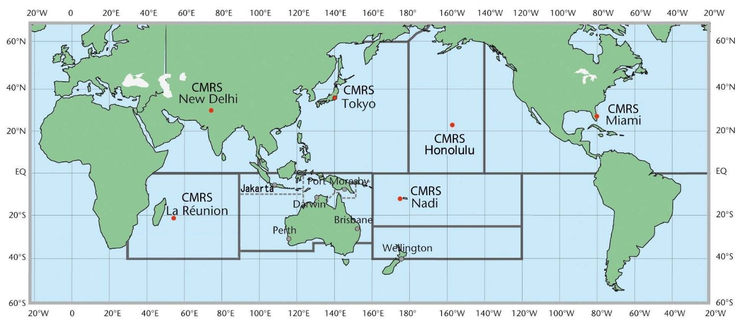 Les différentes zones de responsabilité des divers centres (CMRS et TCWC)