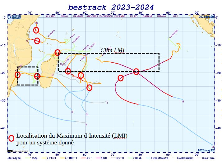 Localisation du maximum d'intensité des systèmes de la saison.