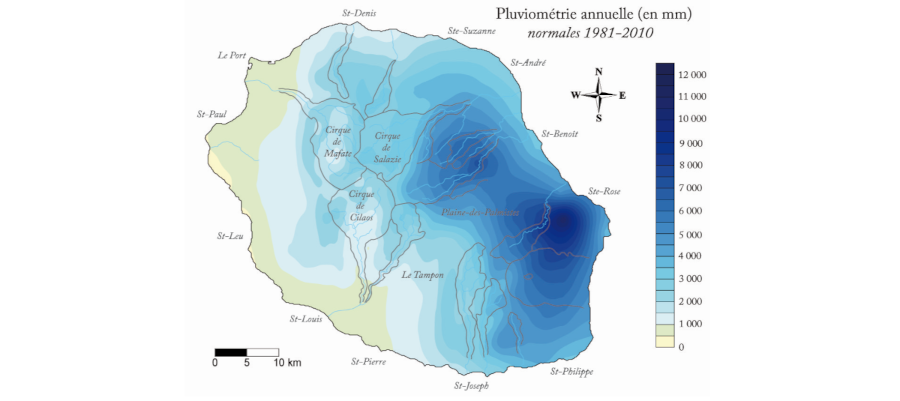 Carte de la pluviométrie moyenne annuelle de la Réunion