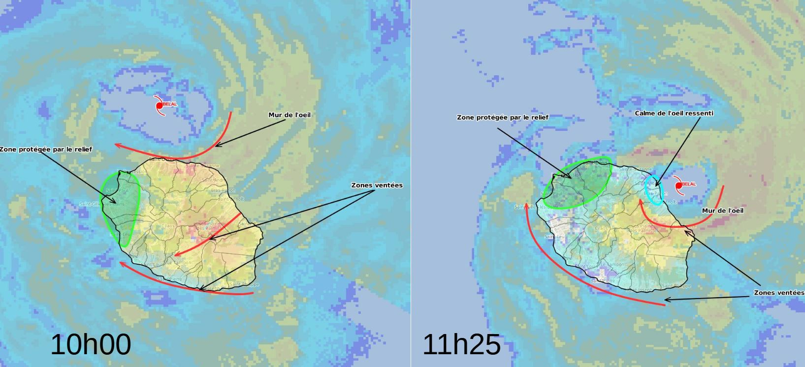 Circulation des vents sur la Réunion à deux moments de la matinée lors du passage de BELAL