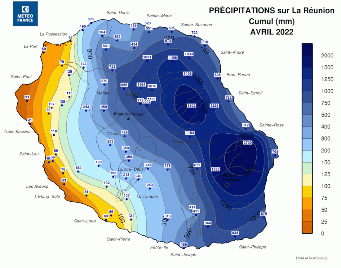 Cumul de Précipitations Réunion - Avril 2022