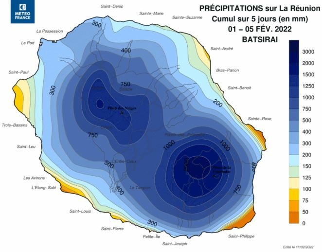 Cumul de précipitation entre le 1er et le 5 février 2022