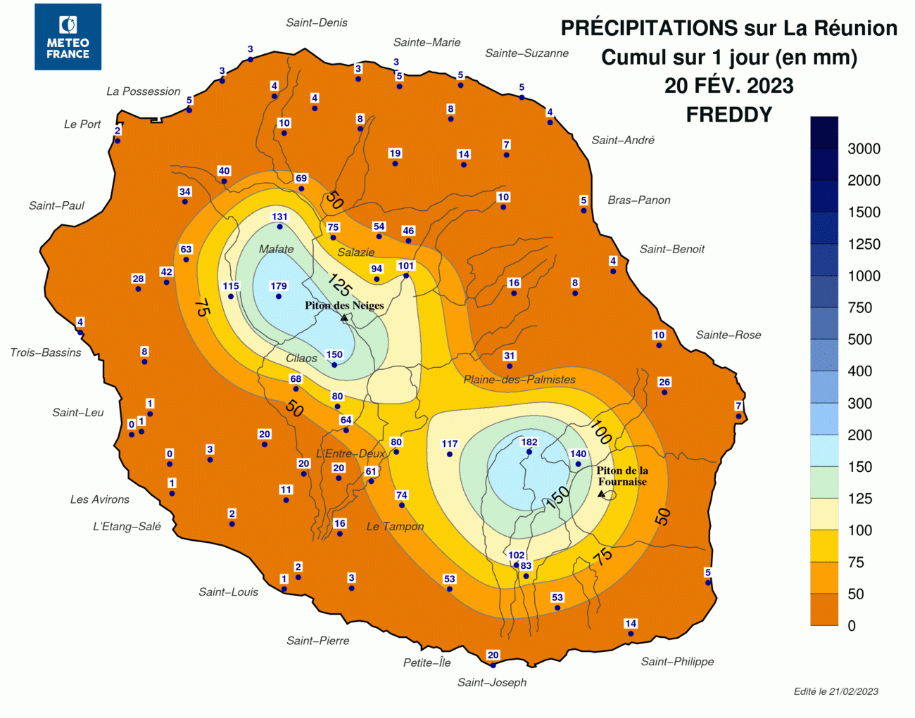 précipitations observées à La Réunion lors de l'épisode Freddy