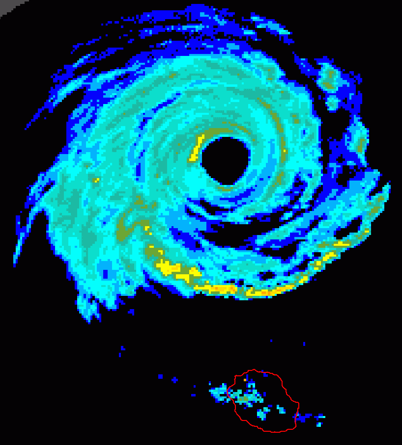 Pluies vues par le radar de Météo-France sis au Colorado à 21h locales le 20 février (peu avant le passage au plus près de La Réunion)