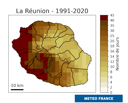 Carte du nombre maximum de jours sans pluie en saison sèche © Météo-France