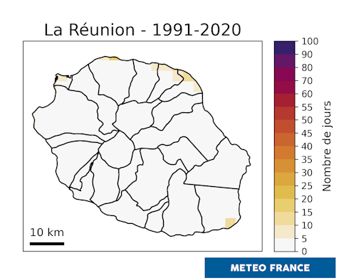 Carte du nombre annuel de nuits chaudes. © Météo-France
