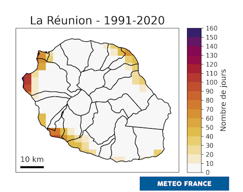 Carte du nombre annuel de jours chauds. © Météo-France