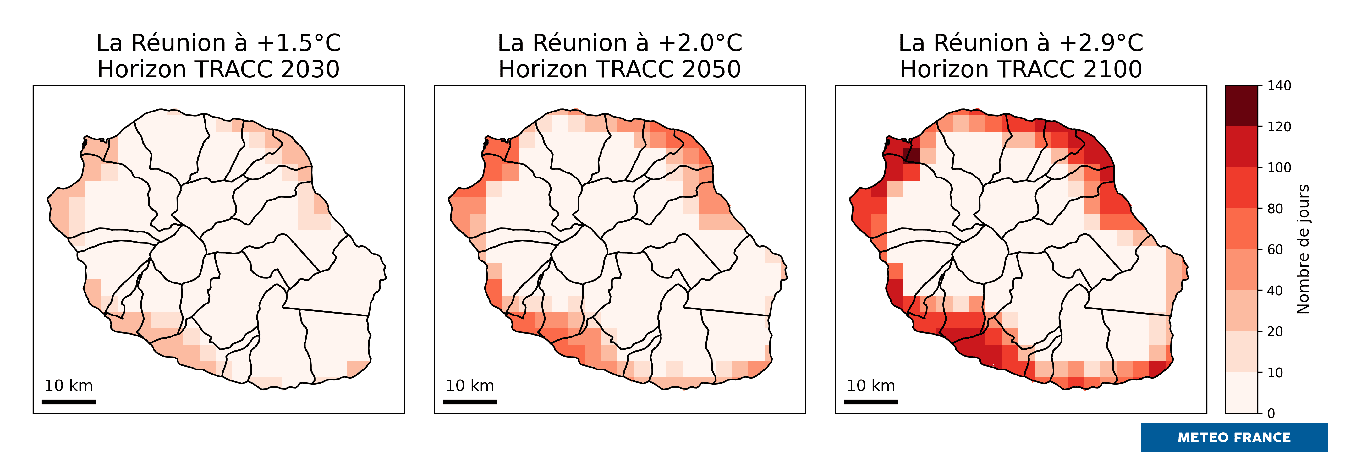Évolution, par rapport au passé récent 1991-2020, du nombre annuel de jours chauds. © Météo-France