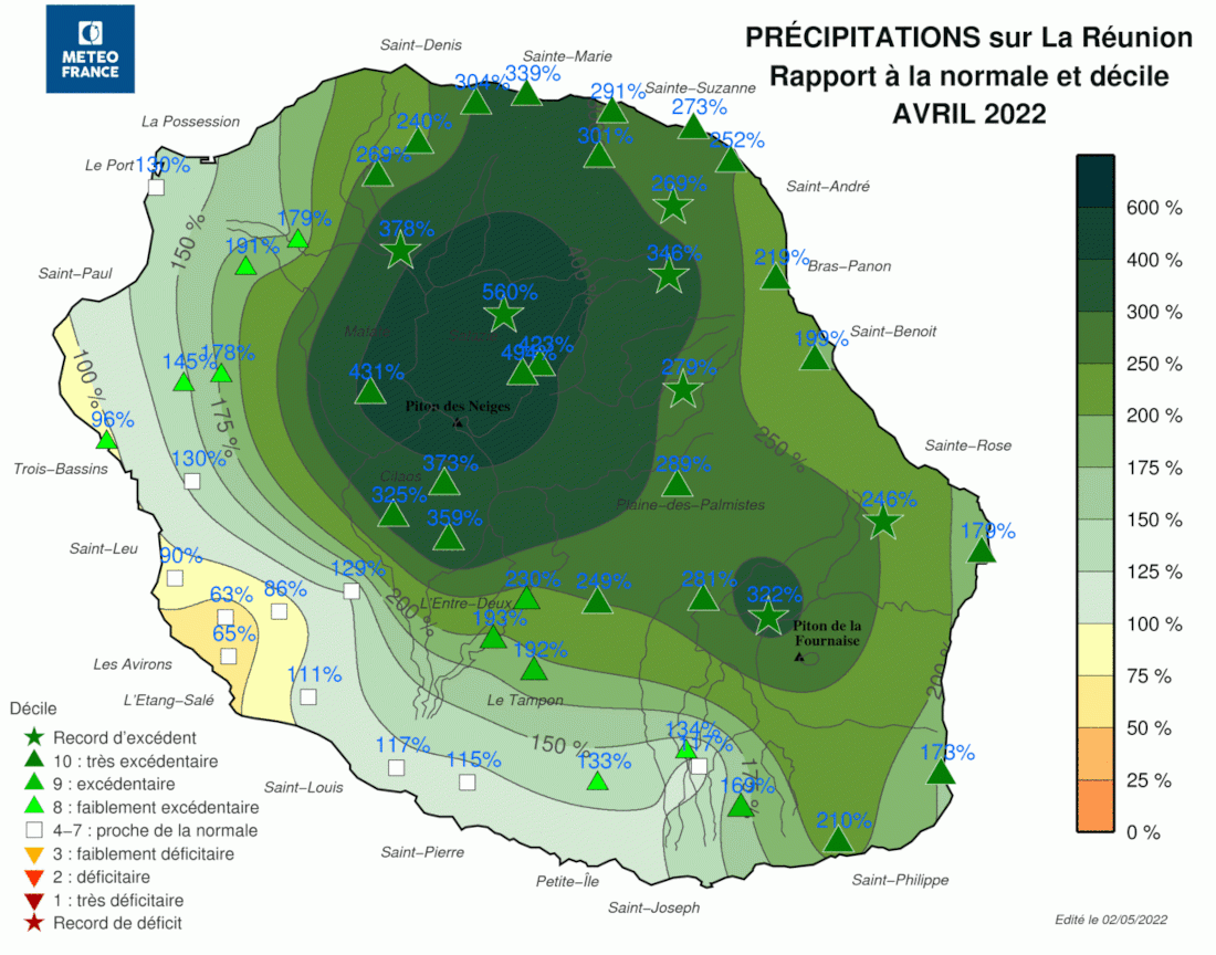Rapport à la normale - Précipitations Réunion - Avril 2022