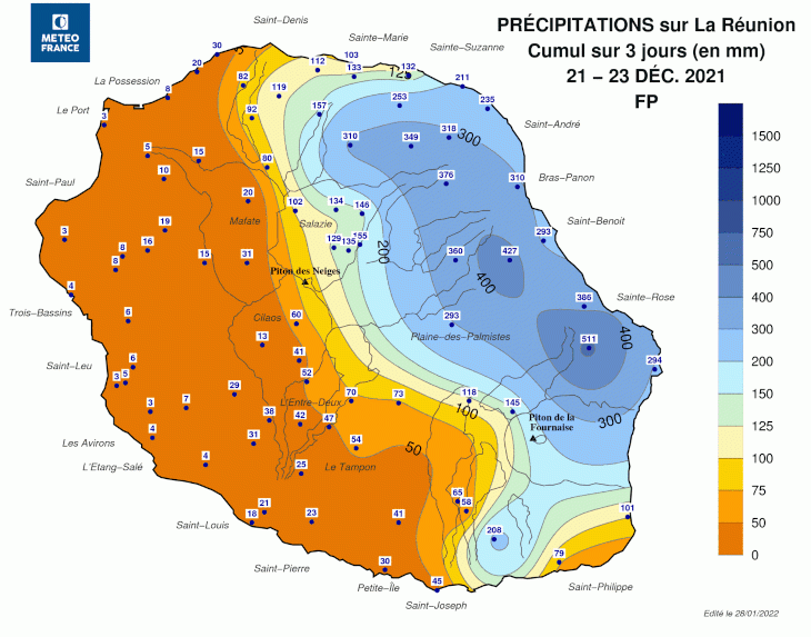 Cumul de pluie du 21 au 23 décembre 2021 sur la Réunion