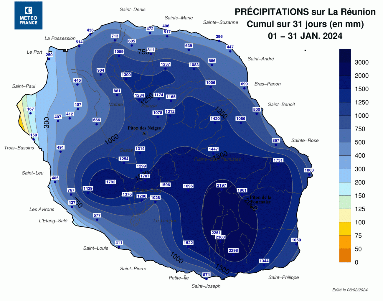 carte des cumuls de précipitations du mois de janvier 2024 à la Réunion