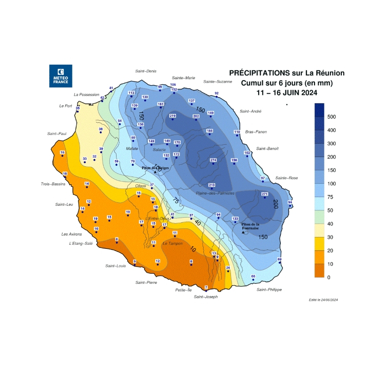 Cumuls de précipitations du 11 au 16 juin 2024 à la Réunion