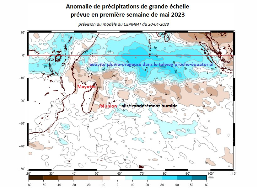 Anomalie de préciipitations de grande échelle prévue pour la première semaine de mai 2023