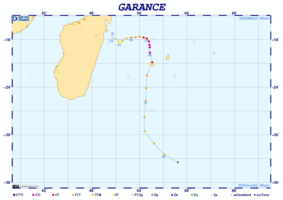 Trajectoire du cyclone tropical GARANCE.