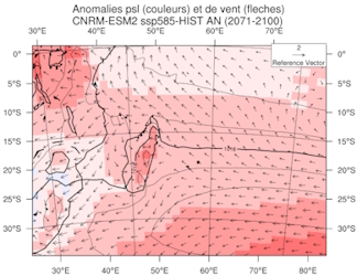 Anomalies de vent -scénario ssp585. © Météo-France