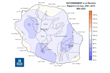 Rapport à la normale du rayonnement global journalier à La Réunion - Mai 2023