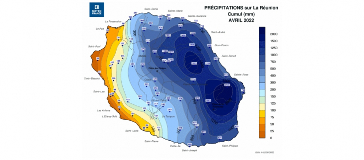 Carte de la pluviométrie d'avril 2022 à la Réunion