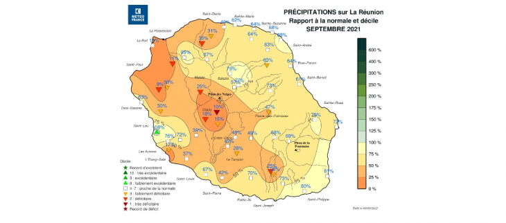 Rapports aux normales de Précipitations - La Réunion - Septembre 2021