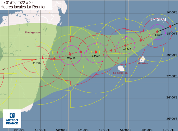 Prévision officielle de Météo-France (CMRS Cyclone de La Réunion) le 01/02/2022 à 16H00 locale