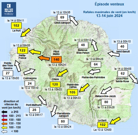 Carte des rafales maximales de vent le 13 juin 2024 à la Réunion