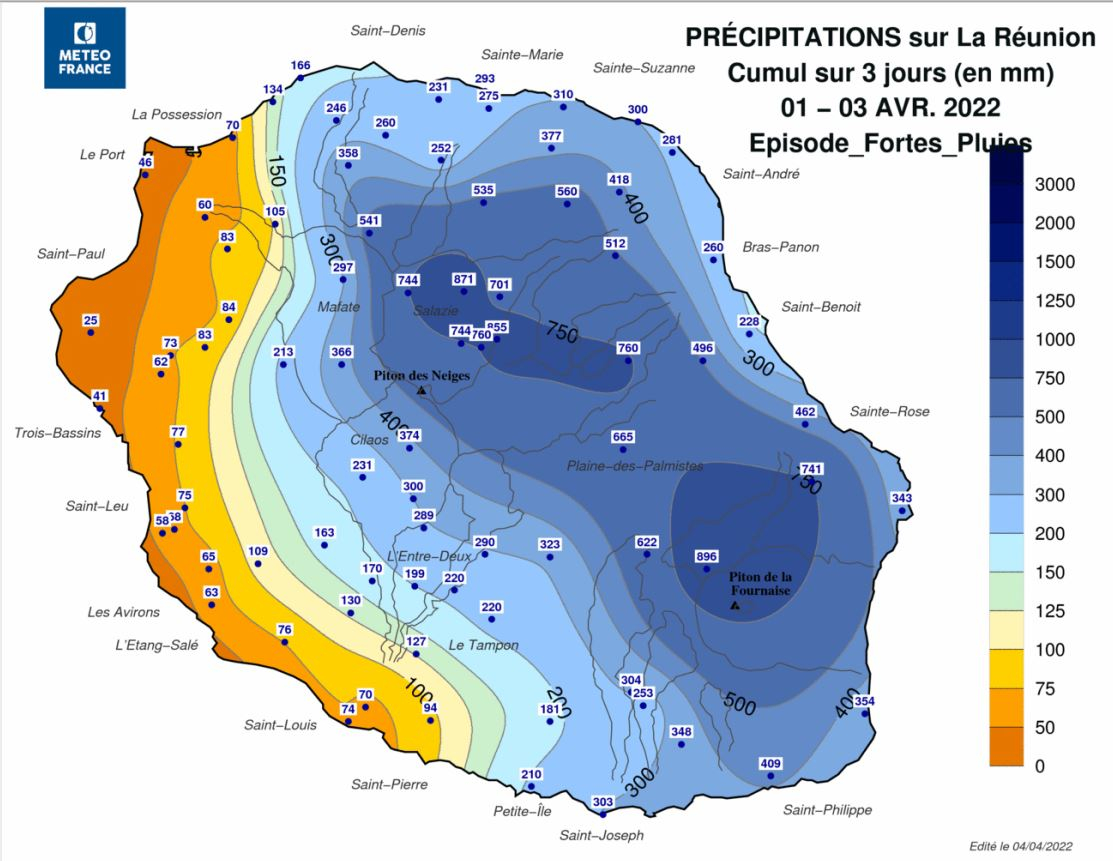 Cumul de pluie du 1er au 3 avril 2022 sur la Réunion