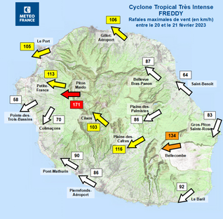 Rafales maximales de vents observées à La Réunion lors de l'épisode Freddy