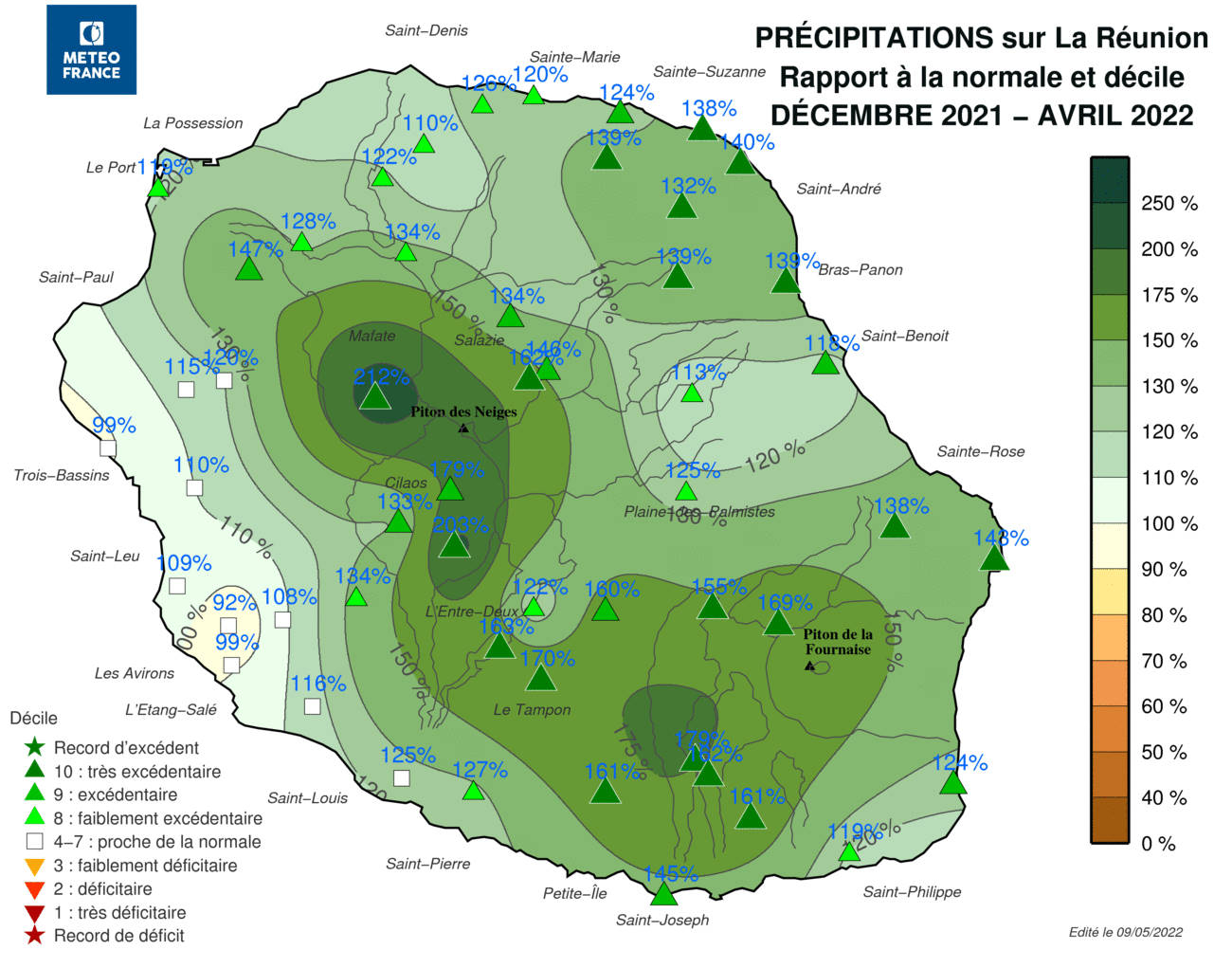 Carte des rapports aux normales de pluie à la Réunion - Saison des Pluies 2021-2022
