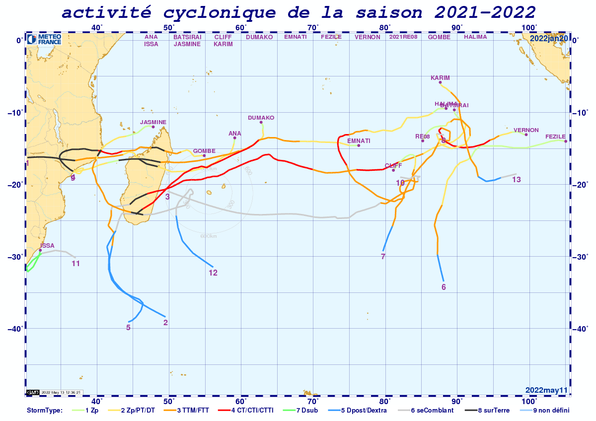 Trajectoires des systèmes cycloniques de la saison 2021-2022 dans le sud-ouest de l'océan Indien