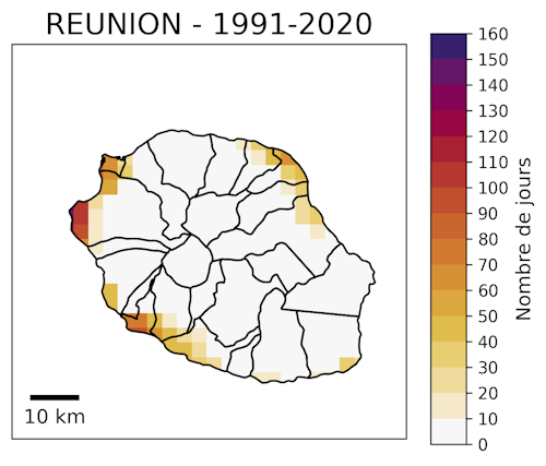 Carte du nombre annuel de jours chauds. © Météo-France