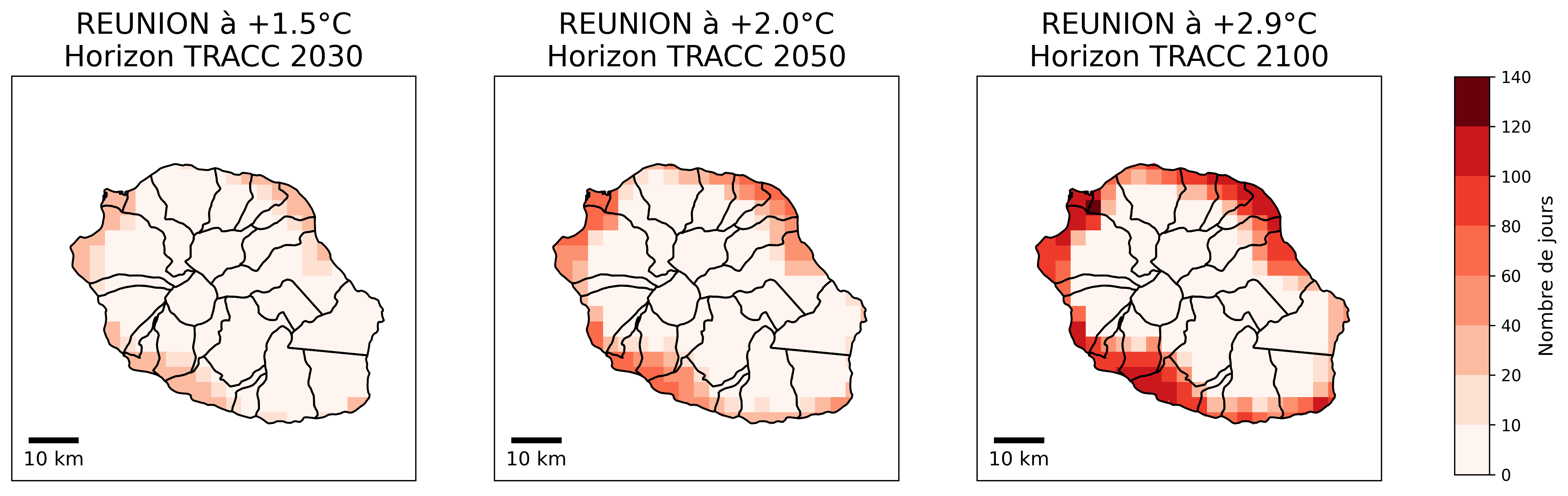 Évolution, par rapport au passé récent 1991-2020, du nombre annuel de nuits chaudes. © Météo-France