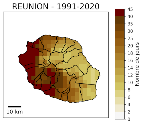 Carte du nombre maximum de jours sans pluie en saison sèche. © Météo-France